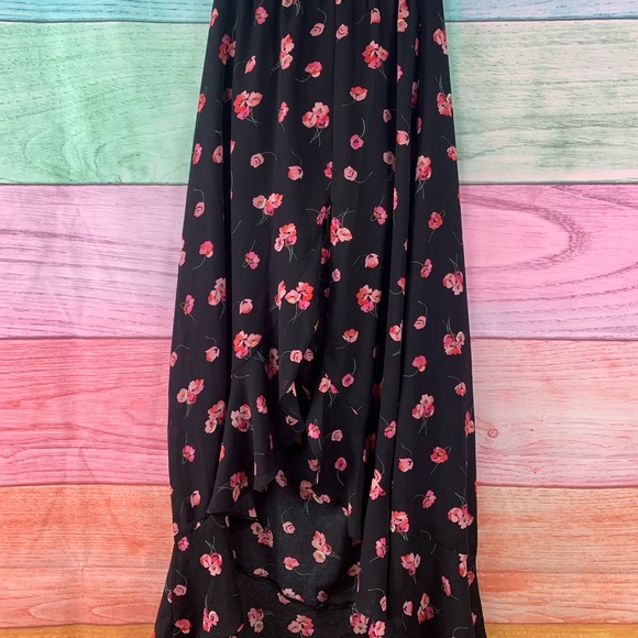 GAP 🌸black with pink flowers floral High Low ruffle trim asymmetrical skirt - Picture 2 of 10